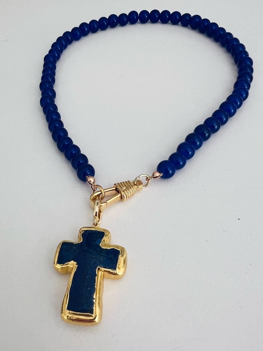 NWT Blue Beaded Necklace with Lapis & Gold Cross Pendant